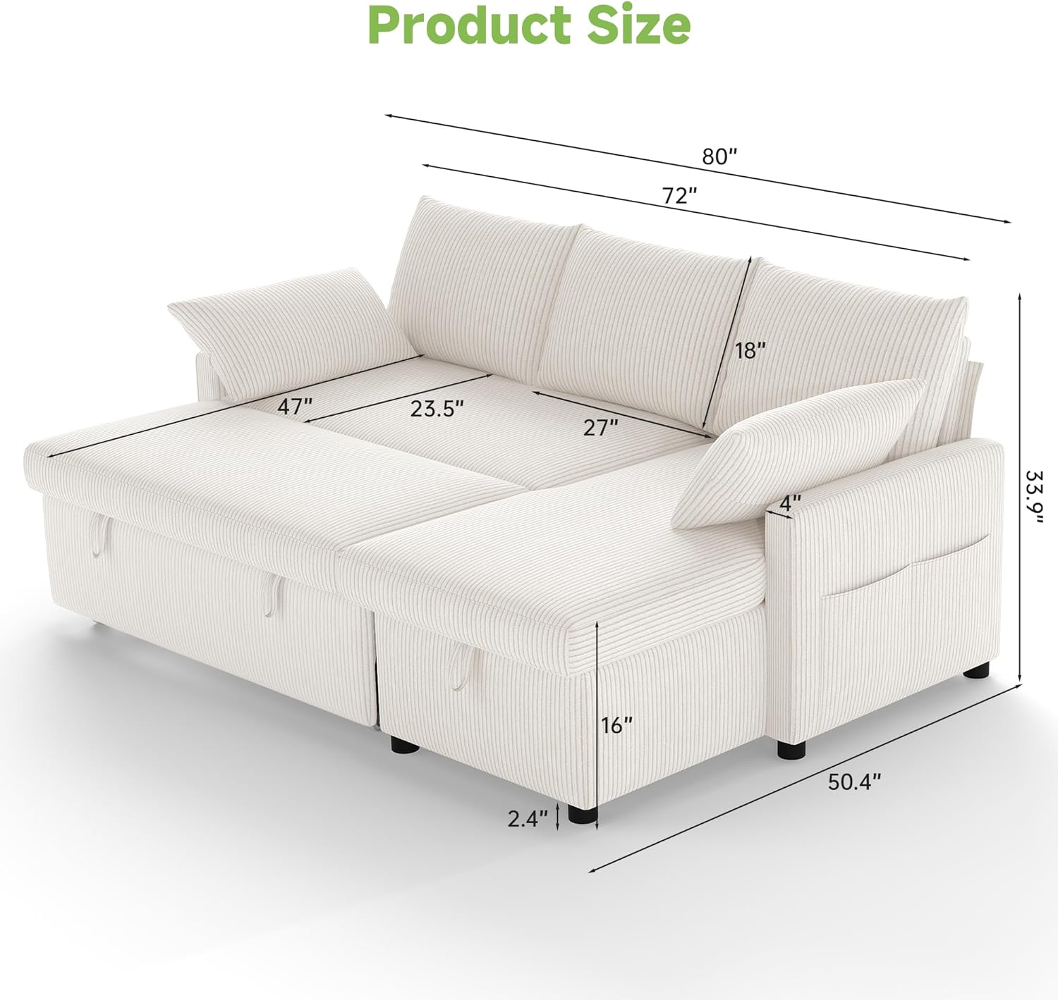 Real Relax 80'' Sofa Bed, L Shaped Corduroy Sleeper Sofa Couch with Pull Out Bed and Chaise Storage for Living Room, Apartment and Office, Beige