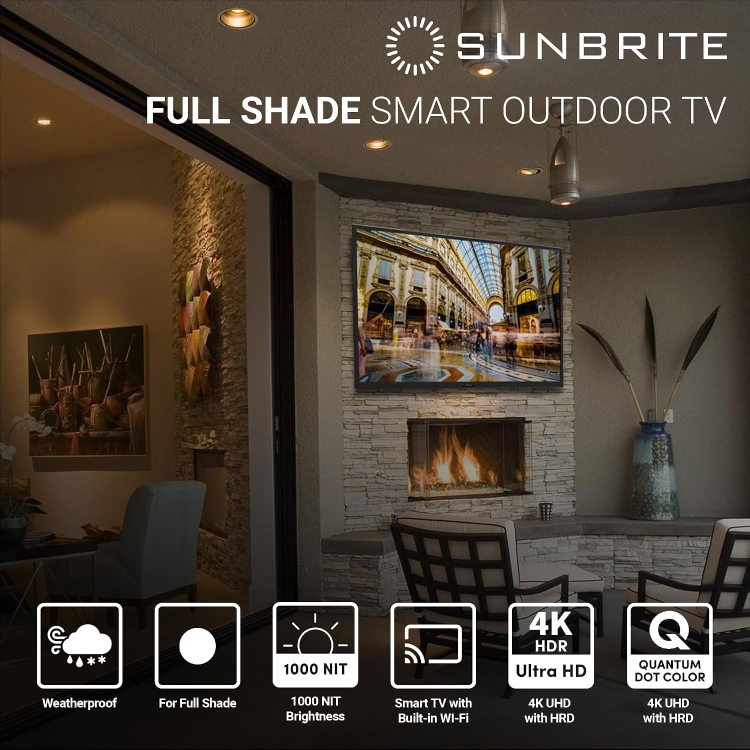 SunBrite Veranda 3 Series 55-inch Full Shade Smart Outdoor TV, 4K Ultra HD HDR QLED Weatherproof Television, 1000 nit Ultra Bright Screen with All-Weather Voice Remote