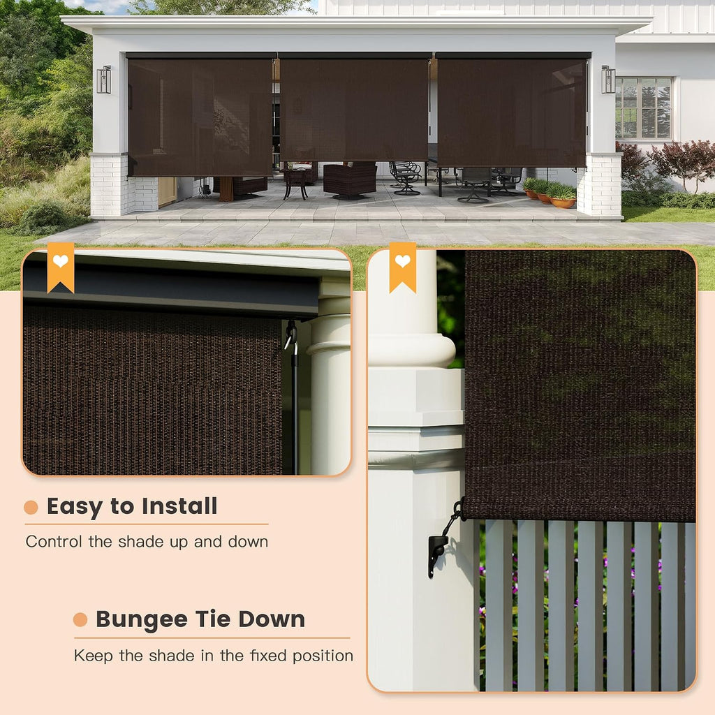 VICLLAX Premium Outdoor Roller Shade, 95% Patio Cordless Blinds with Weather Resistant Valance 8x8FT,Chocolate