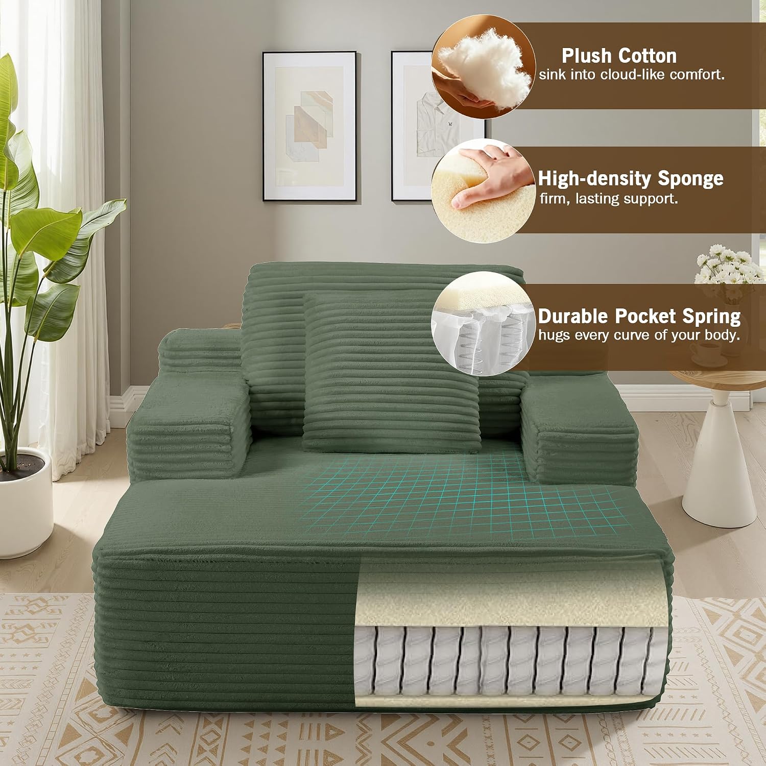 68.5' Oversized Chaise Lounge Chair Indoor, Boneless Sleeper Sofa Bed with Pillows, Deep Seat Sleeper Couch Reading Chairs, Cloud Sofas Couches for Living Room, No Assembly Required