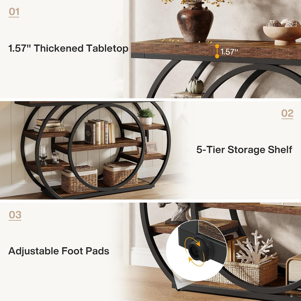 Tribesigns 47' Console Table for Living Room, 5-Tier Industrial Entryway Table with Metal Frame, Narrow Sofa Table Behind Couch Accent Tables for Entryway, Hallway, Foyer, Rustic Brown