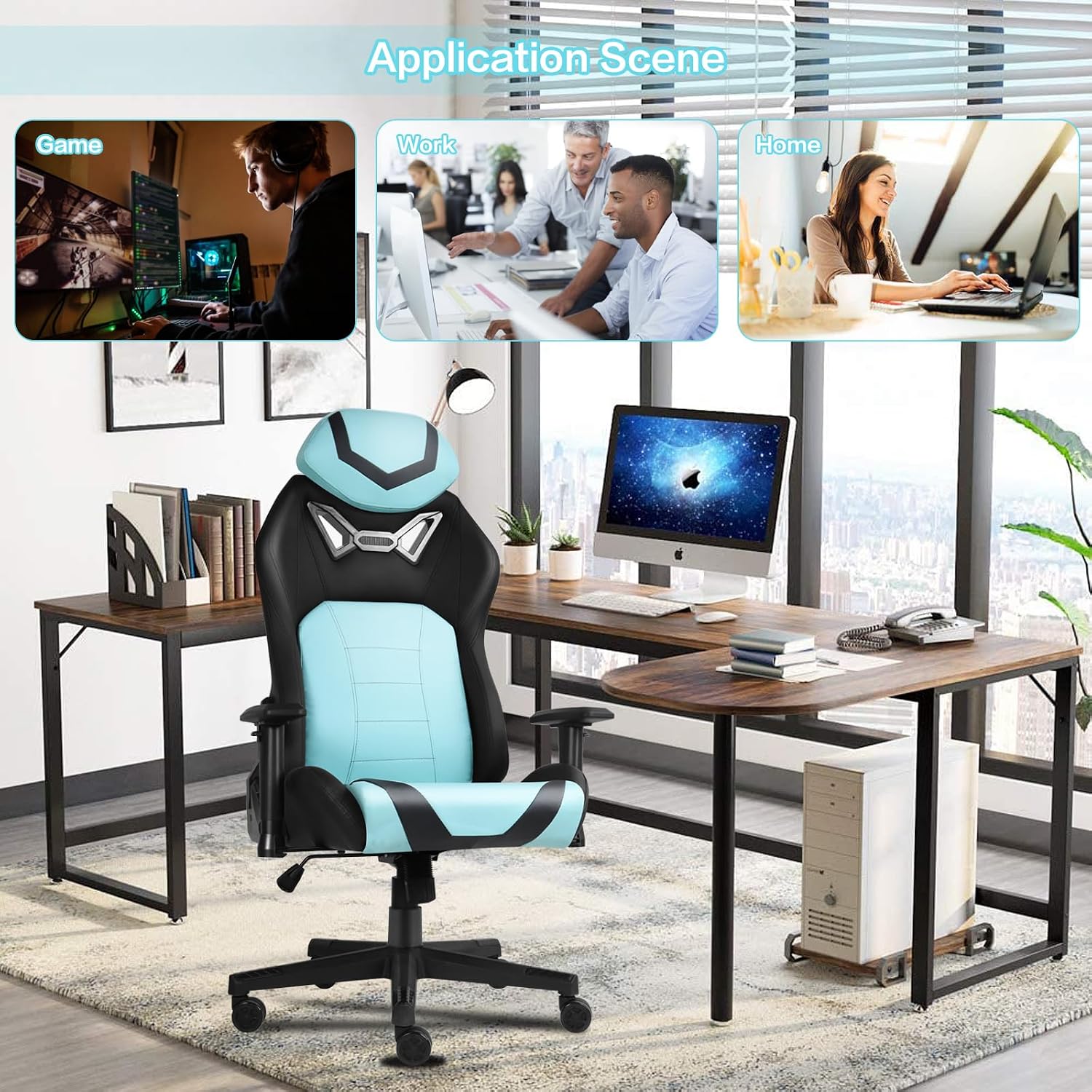 Modern-Depo Ergonomic Gaming Chairs for Adults with High-Density Memory Foam | Swivel Comfortable Office Chair, Big and Tall Video Game Chair, High Back Computer Chair for Home, Office, Cyan Black