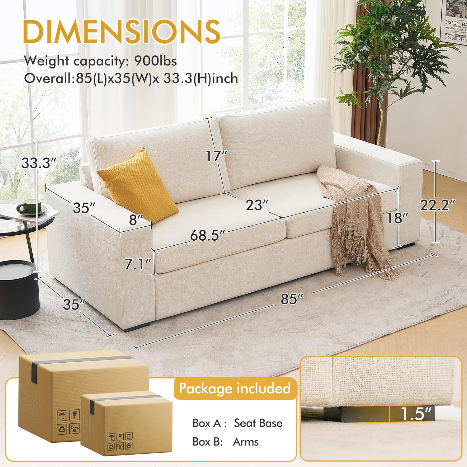 ELUCHANG 85' Modern Sofa Couches for Living Room, 3 Seater Sofa, Natural Linen Deep Seat Sofa with Upholstered Cushion&Detachable Cover, Comfy Sofa Couch for Small Space, Apartment, Beige