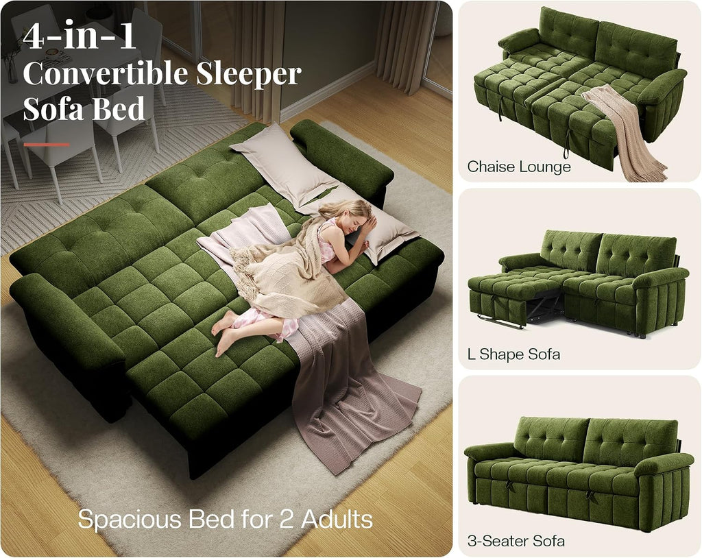 Jocisland 93' 4-in-1 Convertible Sofa Bed, Full Size Cloud Sleeper Sofa, Tufted Chenille, 5-Position Adjustable Backrest, 10-Minute Tool-Free Assembly, Couches for Living Room Guest Room, Green