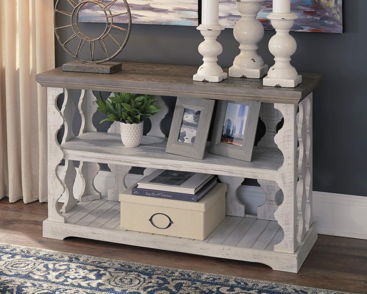 Signature Design by Ashley Havalance Farmhouse Console Sofa Table, Fixed Shelf, Pine Wood, 45.5' W x 17.25' D x 27.88' H, Distressed Finish, Gray & White