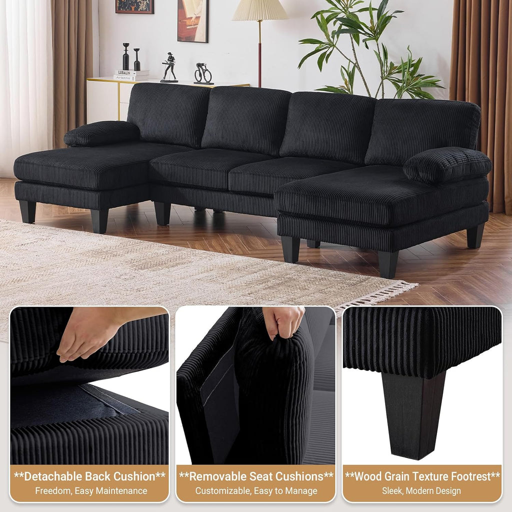 VINGLI 110' Sectional Couches for Living Room,U Shaped Couch with Double Chaise, 4-Seat Sofa Set with Corduroy Fabric for Home Furniture,Black