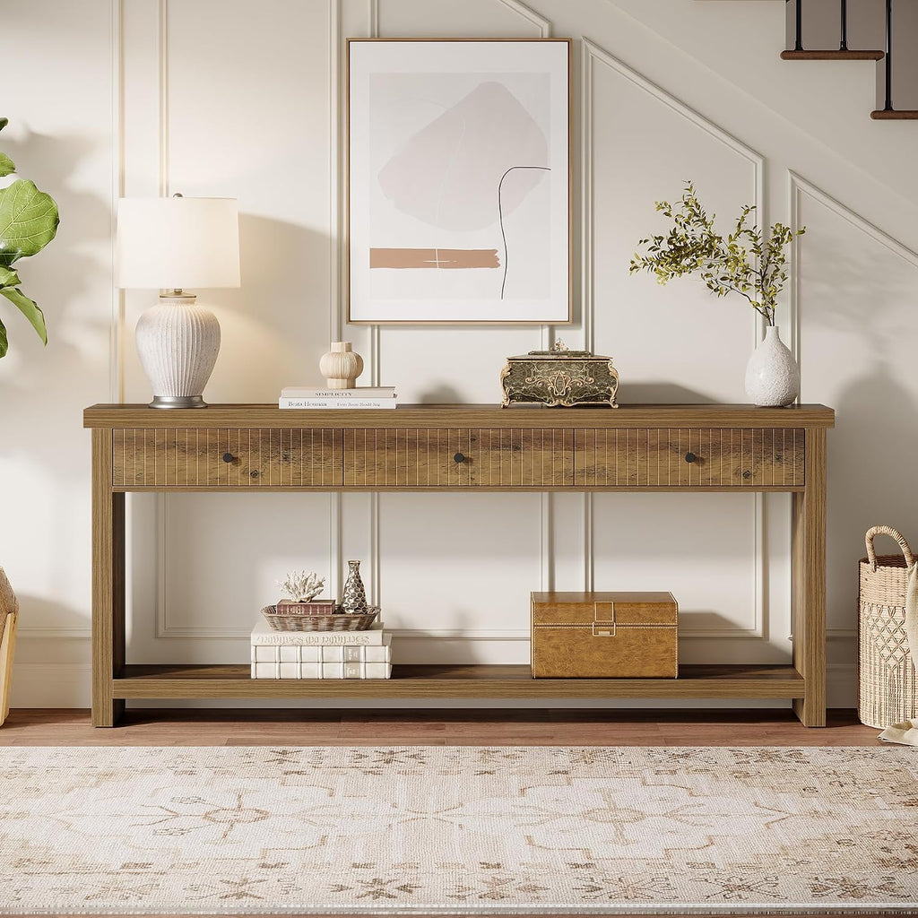 Tribesigns 70.9 inch Console Table with 3 Drawers, Extra Long Entryway Table, Wood Sofa Table Oak Furniture with Open Storage Shelves Wooden Couch Table Foyer Tables for Living Room Hallway Entrance