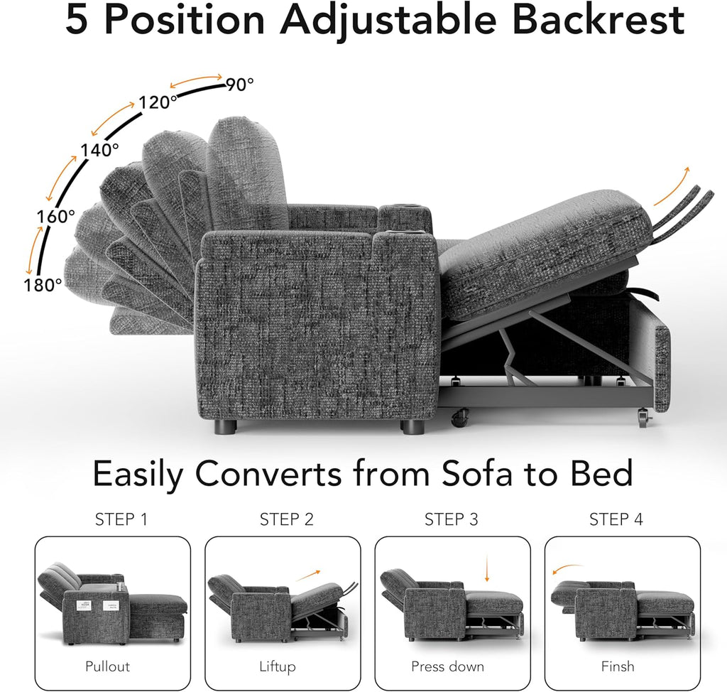 Sunny Heart L-Shaped Sleeper Sofa with Pull Out Bed, 82' Sectional Couch with Reclining Backrest, Reversible Storage Chaise, Armrest Storage, Cup Holders, and Side Pockets, Tool-Free Assembly, Grey