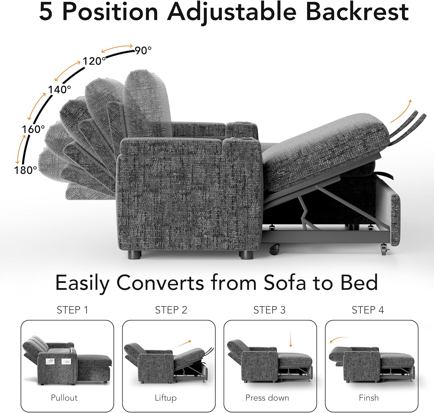 Sunny Heart L-Shaped Sleeper Sofa with Pull Out Bed, 82' Sectional Couch with Reclining Backrest, Reversible Storage Chaise, Armrest Storage, Cup Holders, and Side Pockets, Tool-Free Assembly, Grey