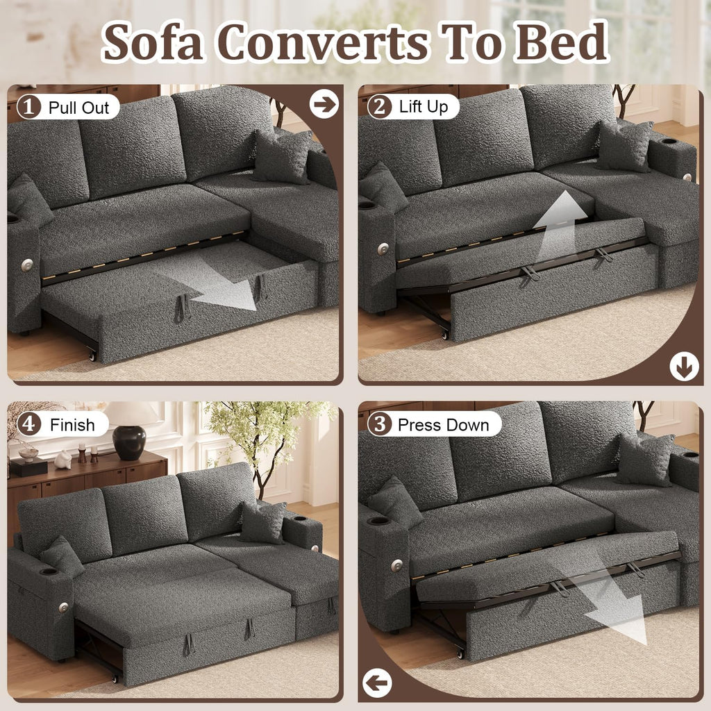 Sleeper Sofa Bed, 4-in-1 Pull Out Couch with Reversible Chaise | Dual USB & Type-C Charging | Dual Cup Holders | Layered Storage (Armrest + Chaise) for Living Room, Apartment, Home Office (Dark Gray)