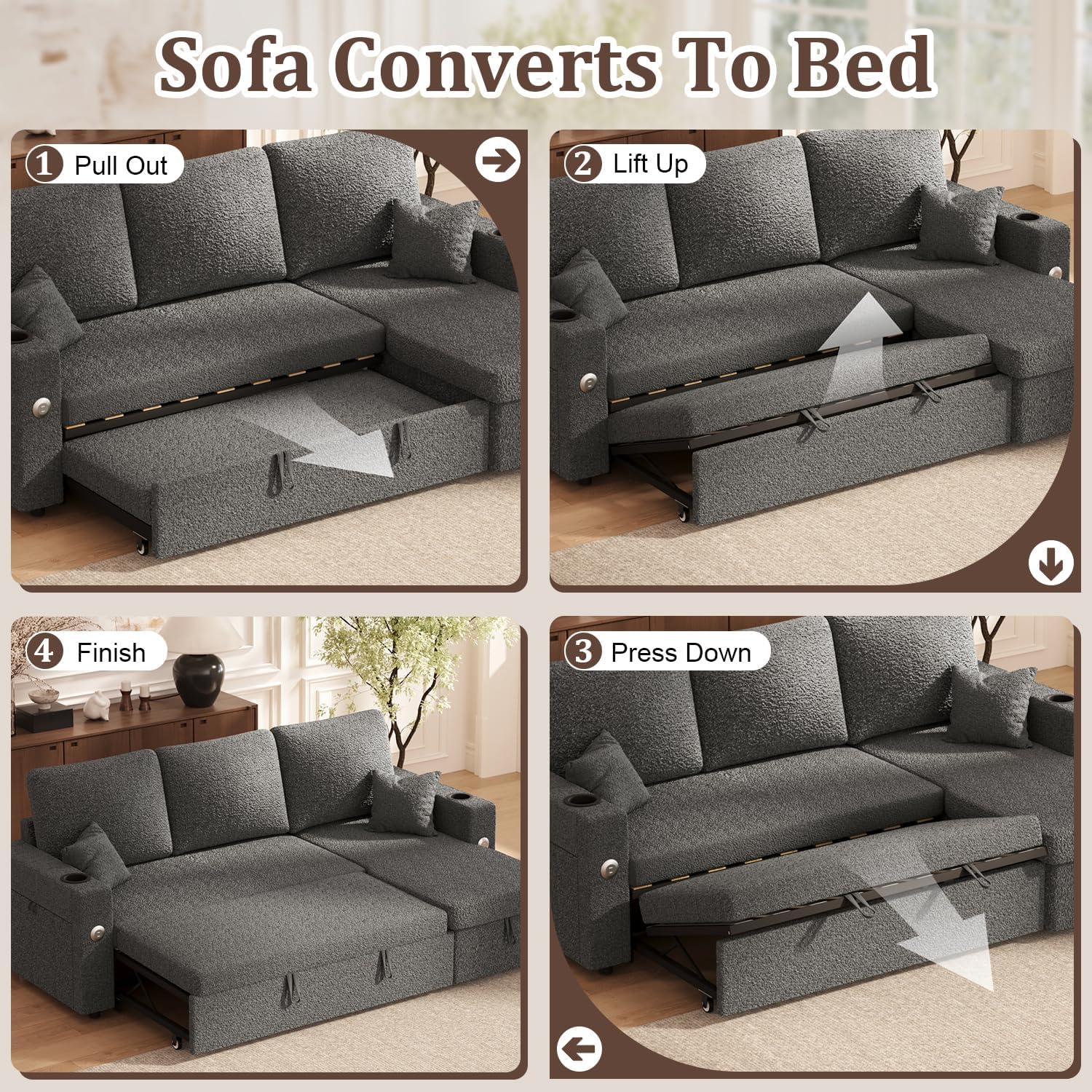 Sleeper Sofa Bed, 4-in-1 Pull Out Couch with Reversible Chaise | Dual USB & Type-C Charging | Dual Cup Holders | Layered Storage (Armrest + Chaise) for Living Room, Apartment, Home Office (Dark Gray)