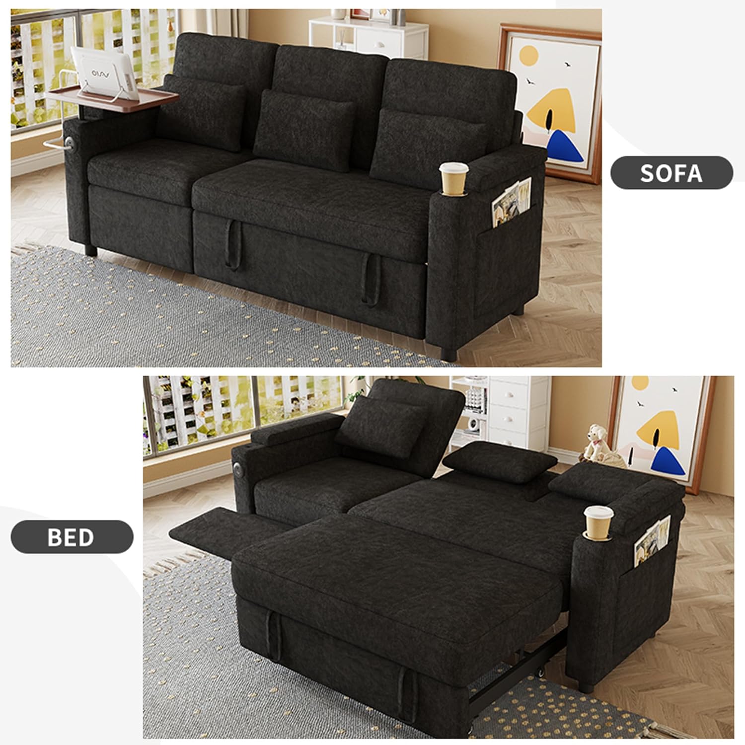 Queen Sectional Sleeper Sofa with Reclining Chair, Multi-Functional 3-Seater Couch with Pull Out Bed, Feature Cup Holder, Laptop Table and USB Port for Living Room, Apartment
