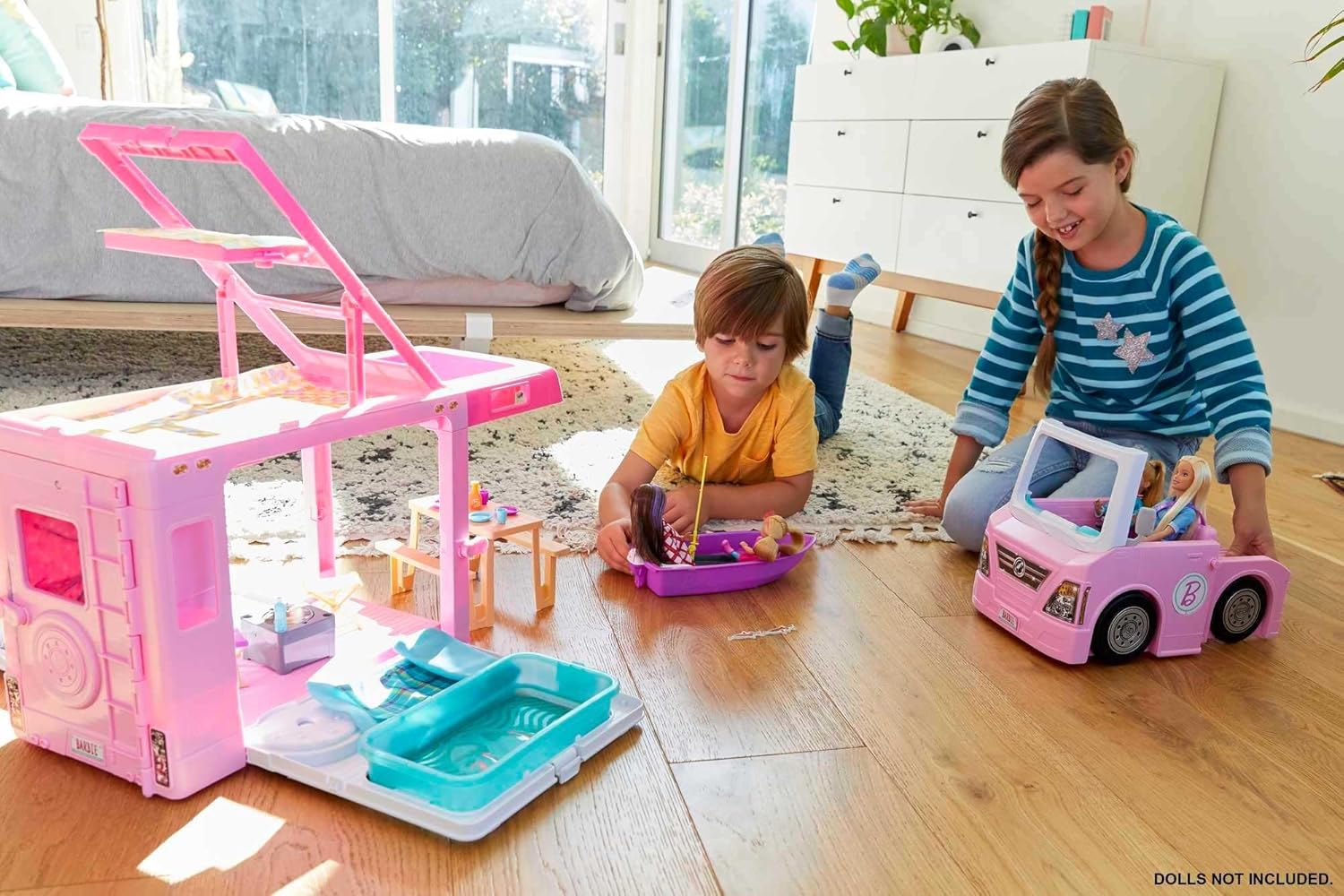 Barbie 3-in-1 DreamCamper Vehicle, Approx. 3-ft, Transforming Camper with Pool, Truck, Boat and 60 Accessories, Makes a Great Gift for 3 to 7 Year Olds