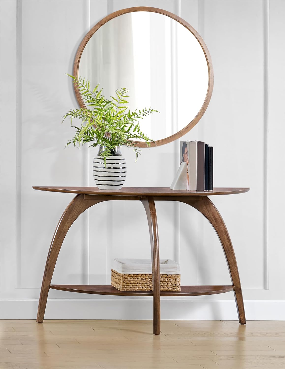 Martin Svensson Home LAX Retro Mid-Century Modern Half-Moon Wood Sofa Table with Lower Shelf, Console Table for Living Room or Entryway. Walnut Brown