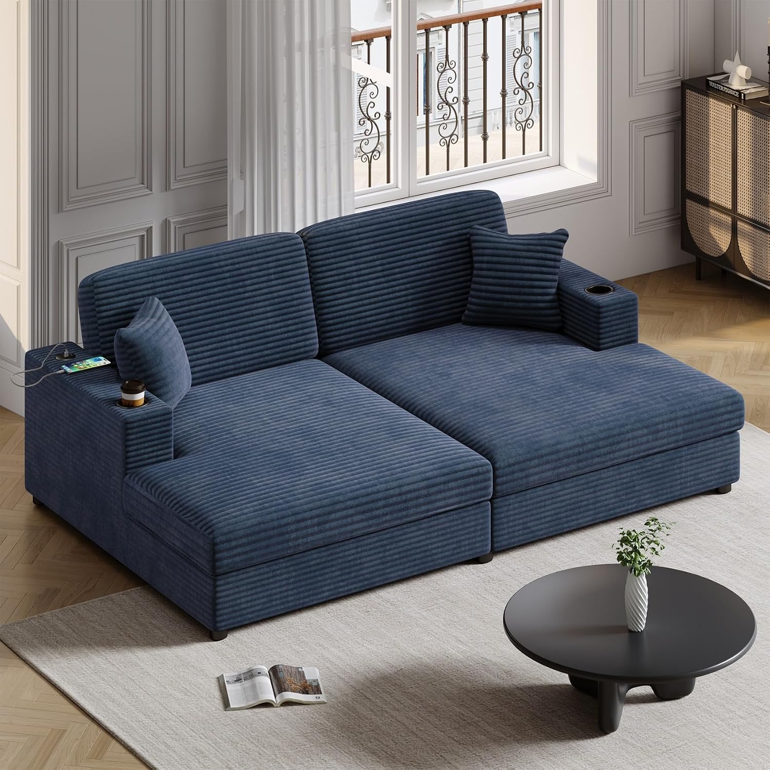 Merax 86.5' W*62' L Oversized Sleeper Sofa Bed, Corduroy Upholstery Sectional Couch Loveseat Chaise Lounge with 2 Throw Pillows, USB Ports, Cup Holders for Living Room and Bedroom, Blue