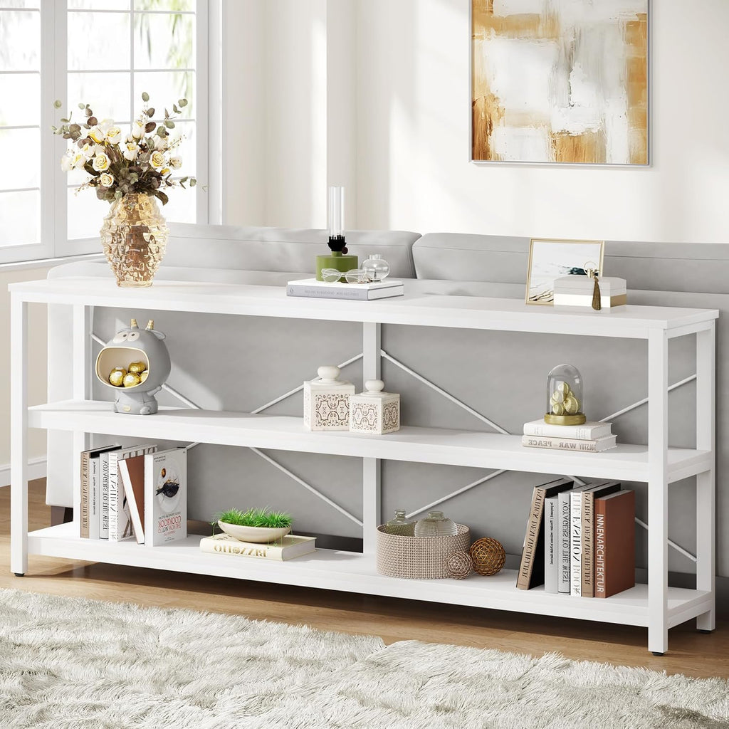 Tribesigns 70.9-Inch Extra Long Console Table, 3-Tier Industrial Sofa Table with Metal Frame, Modern Behind Couch Table with Storage Shelves for Living Room Entryway Hallway Foyer (White)