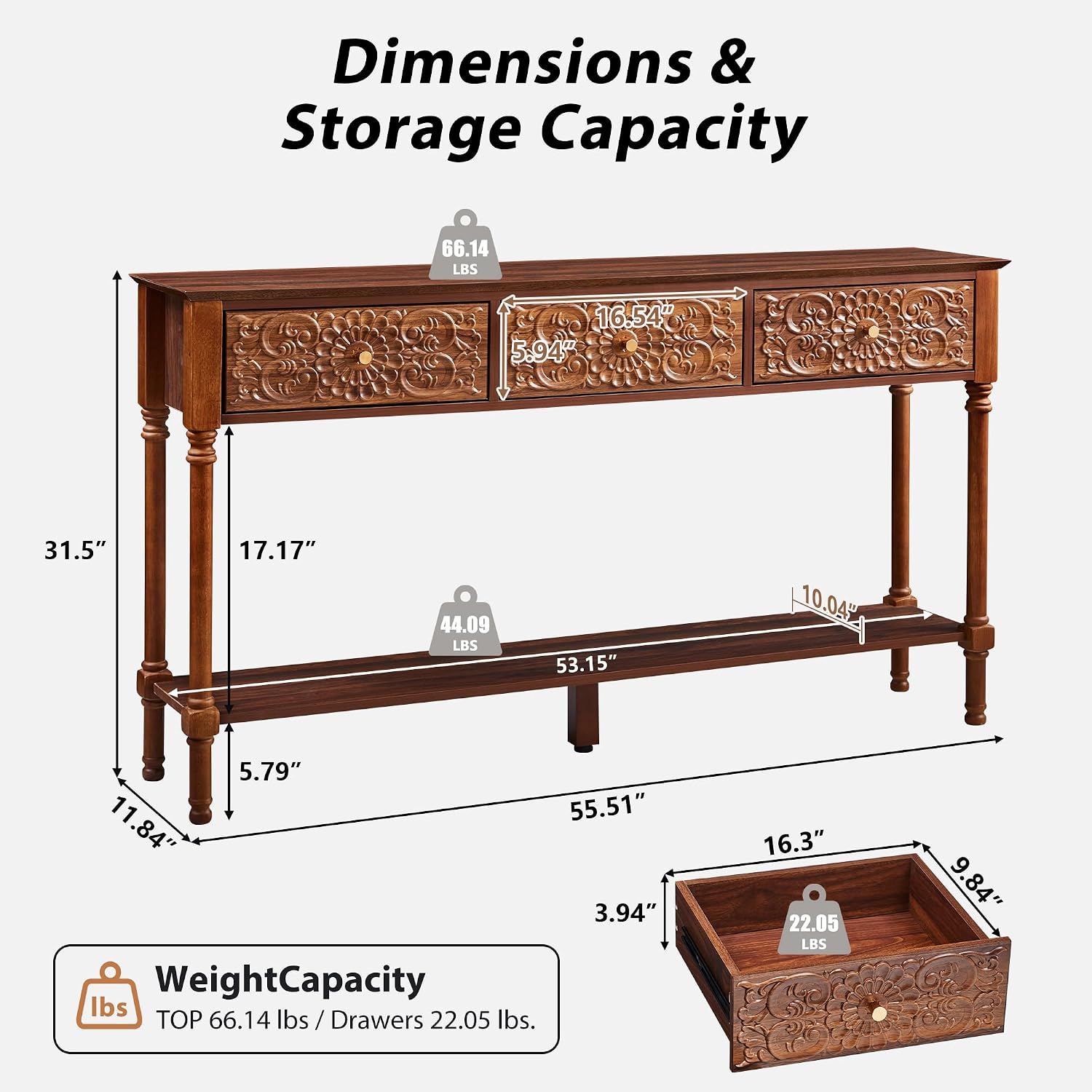 weselon 55.5' Carved Console Table with 3 Drawers, 2-Tier Sofa Table with Glossy Floral Surface and Solid Wood Legs, Mid-Century Modern Entryway Table for Living Room Hallway (Walnut)