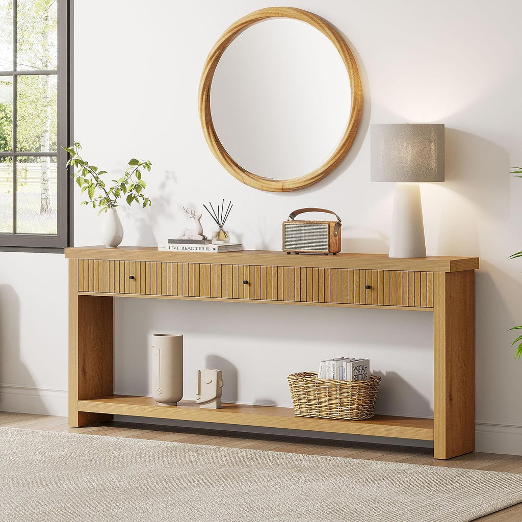 Tribesigns 70.9 inch Extra Long Entryway Table with 3 Drawers, Sofa Console Table with Open Storage Shelves, Oak Color Furniture, Wooden Couch Foyer Tables for Living Room Hallway Entrance