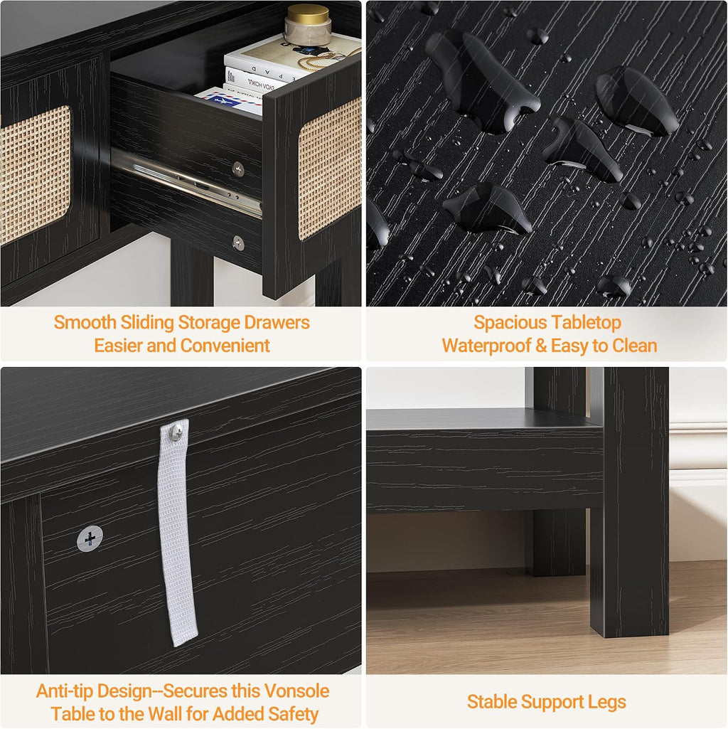 ELYKEN 51.2' Black Console Tables for Entryway, Rattan Entryway Table with 3 Drawer & Shelf, Narrow Long Sofa Table for Behind Couch Hallway, Entrance Entry Living Room