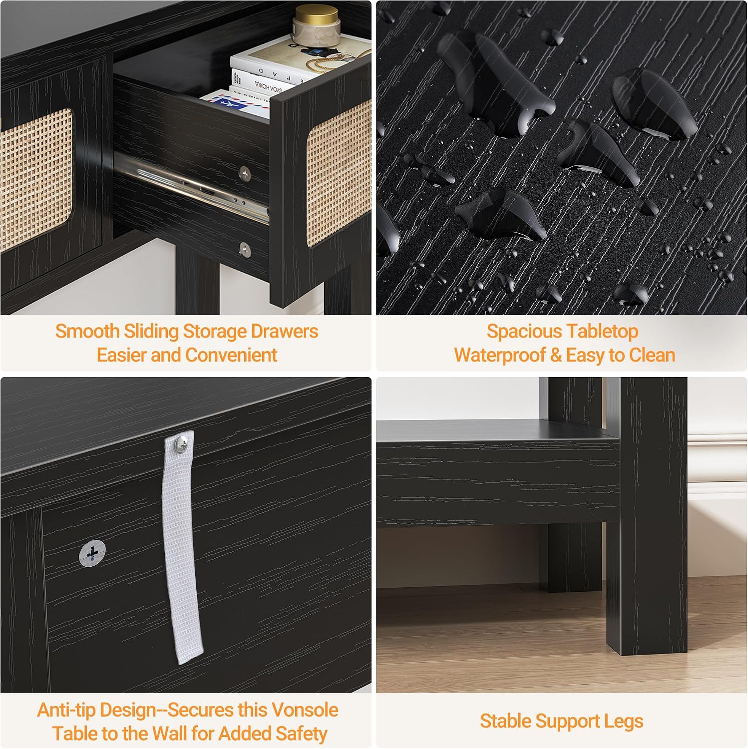 ELYKEN 51.2' Black Console Tables for Entryway, Rattan Entryway Table with 3 Drawer & Shelf, Narrow Long Sofa Table for Behind Couch Hallway, Entrance Entry Living Room