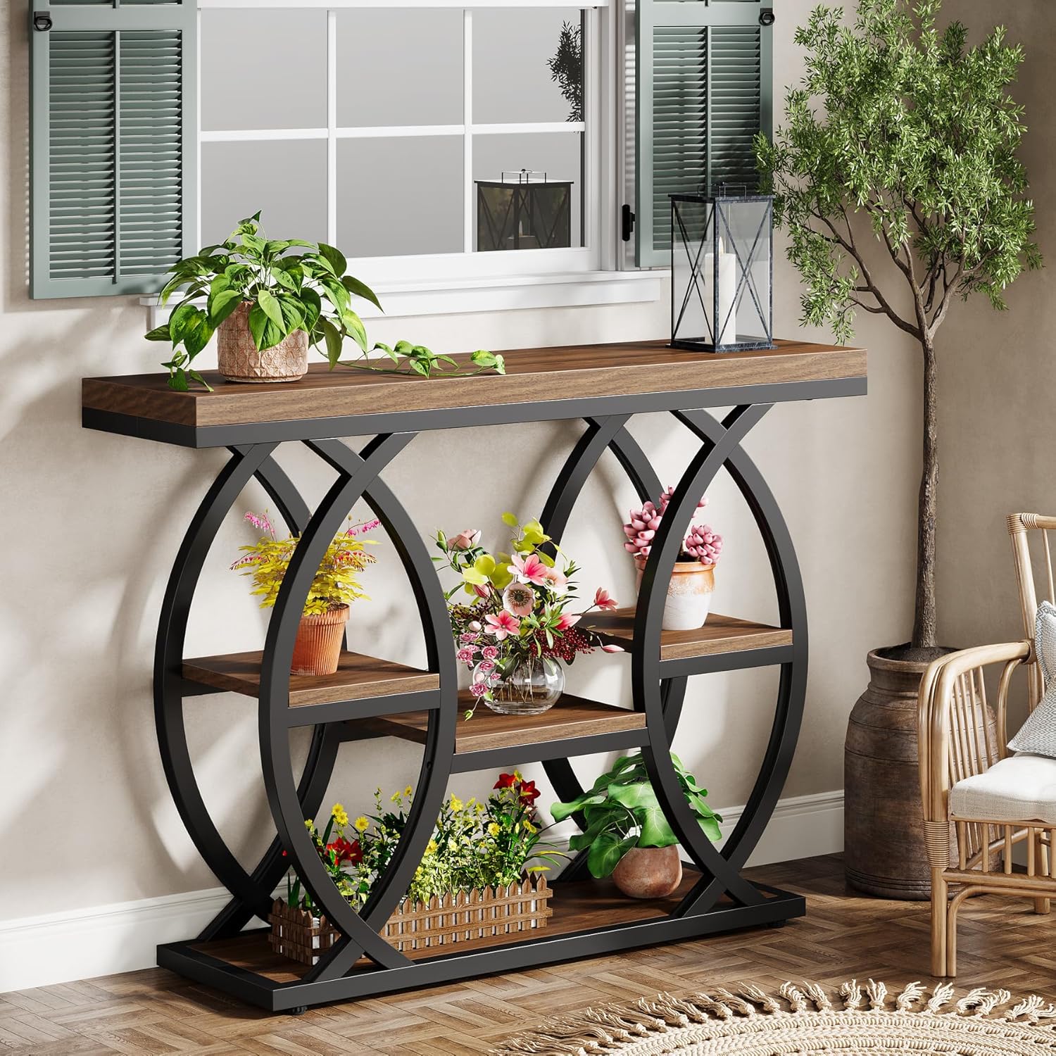 Tribesigns 39.4' Console Table, Industrial 4-Tier Sofa Table Entryway Table with Storage Shelves, Narrow Wood Accent Tables with Metal Frame for Small Spaces, Hallway, Foyer, Rustic Brown