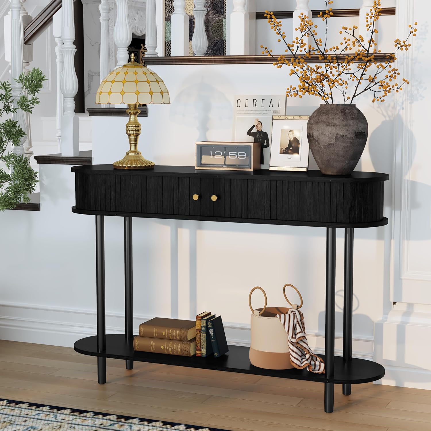 ARTPOWER 47.2' Modern Entryway Table with Wood Tambour Door, Accent Behind Couch Sofa Console with Storage, Fluted Side Table for Hallway, Living Room, Foyer, Black