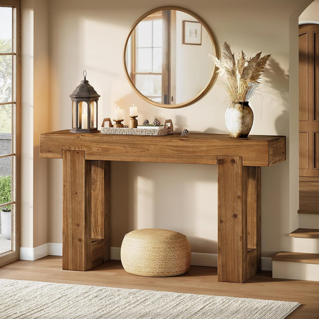 Tribesigns 55-Inch Long Console Table, Solid Wood Rectangular Sofa Table Behind The Couch, Farmhouse Entryway Table for Entrance, Hallway, Living Room (Solid Wood, Warm Brown)