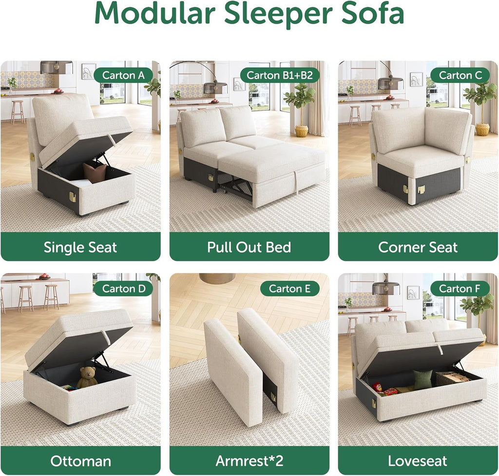 HONBAY Single Seat for Modular Sectional Sleeper Sofa with Pull Out Bed, Customizable Armless Chair for Sectional Couch, Beige
