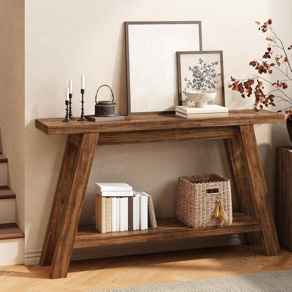 Console Table, 55-Inch Entryway Table with Storage 2-Tier Narrow Wood Console Table Behind Couch Sofa Tables for Living Room, Entryway, Hallway (Light Brown)