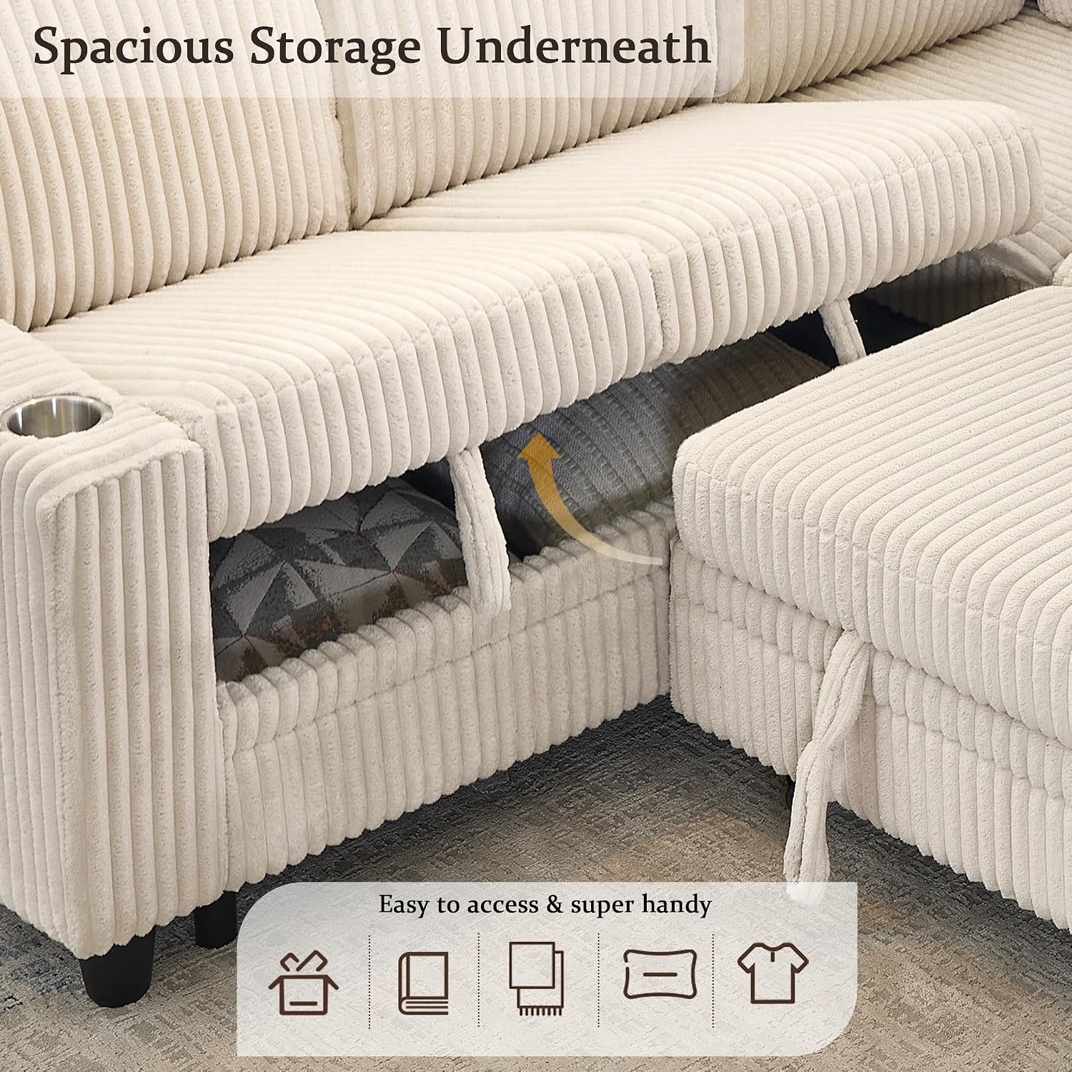 L-Shaped Sectional Couch with Storage and Pull Out Bed, Convertible Sofa Bed with USB Charging and Cup Holders, 5-Seat Modular Sleeper Sofas Convertible Couches for Living Room, Beige