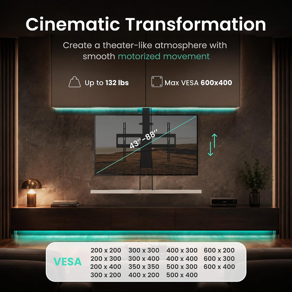 ynVISION.DESIGN Motorized TV Lift & Ceiling Drop Down Mount for 43-88 Inch TVs - 47in Travel Distance - RF Remote & WiFi Voice Control - Floor/Ceiling Installation - Max VESA 600x400, 132 lb Limit