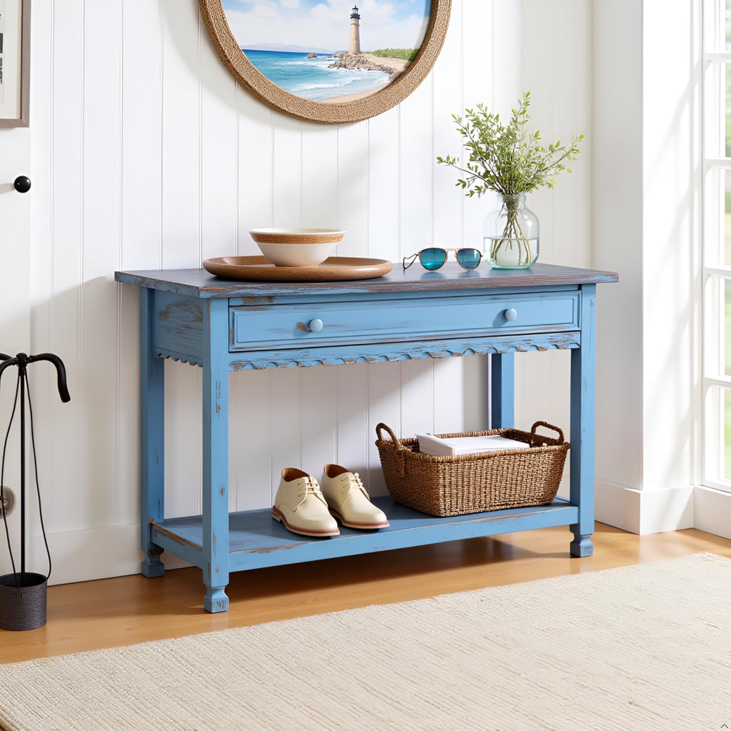 Alaterre Furniture Rustic Cottage Media Console Table, Antique Blue with 1 Drawer and 1 Shelf, Hardwood Construction, Ideal for Living Room or Entryway