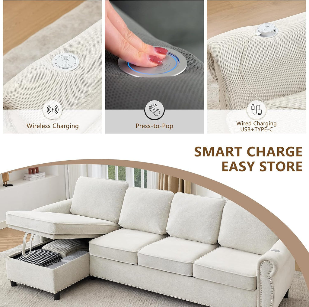 106.5'' Sectional Sofa Bed Full, Sleeper Sofa Bed, Flannel L-Shaped Couch with Mattress, Convertible Pull Out Couch, Wireless Charging, USB, Storage Chaise for Living Room, Small Space, Beige