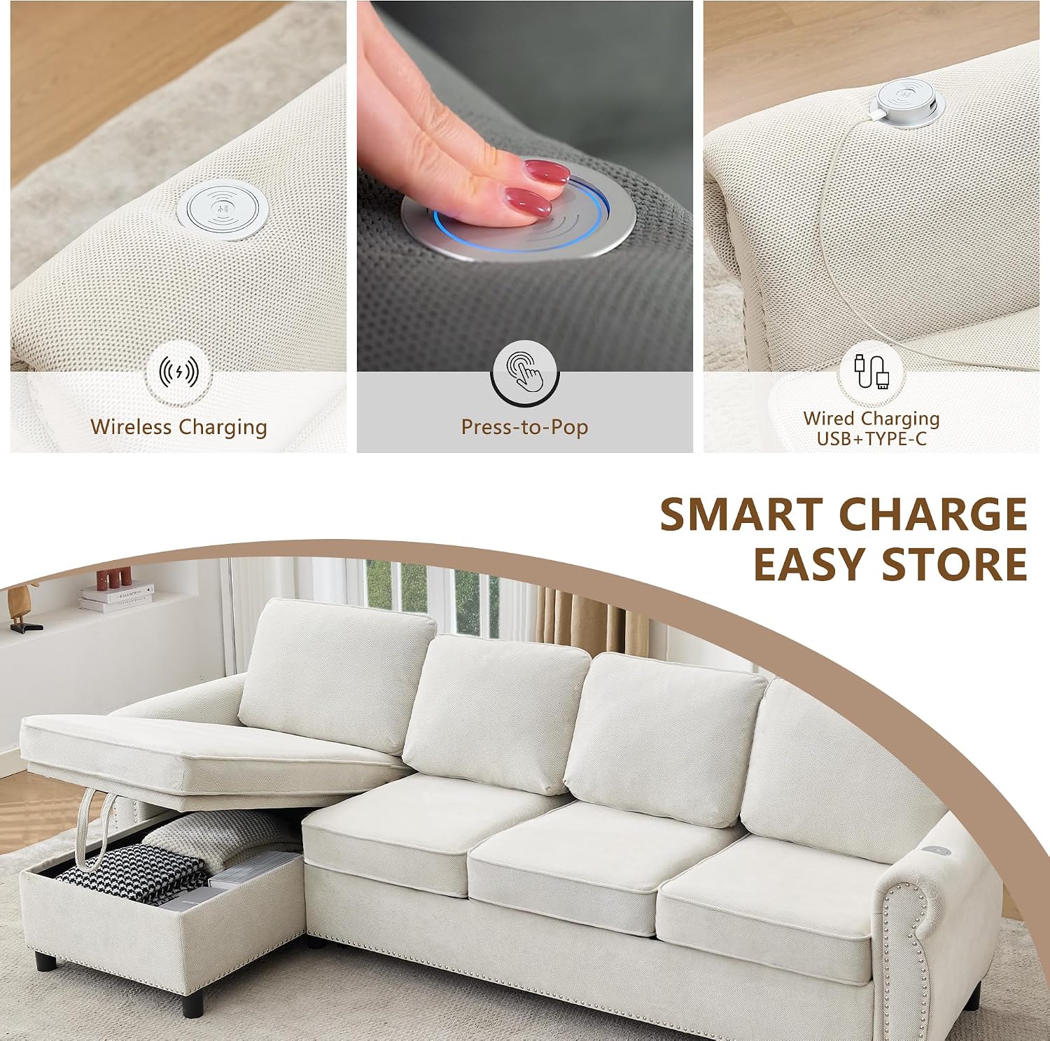 106.5'' Sectional Sofa Bed Full, Sleeper Sofa Bed, Flannel L-Shaped Couch with Mattress, Convertible Pull Out Couch, Wireless Charging, USB, Storage Chaise for Living Room, Small Space, Beige