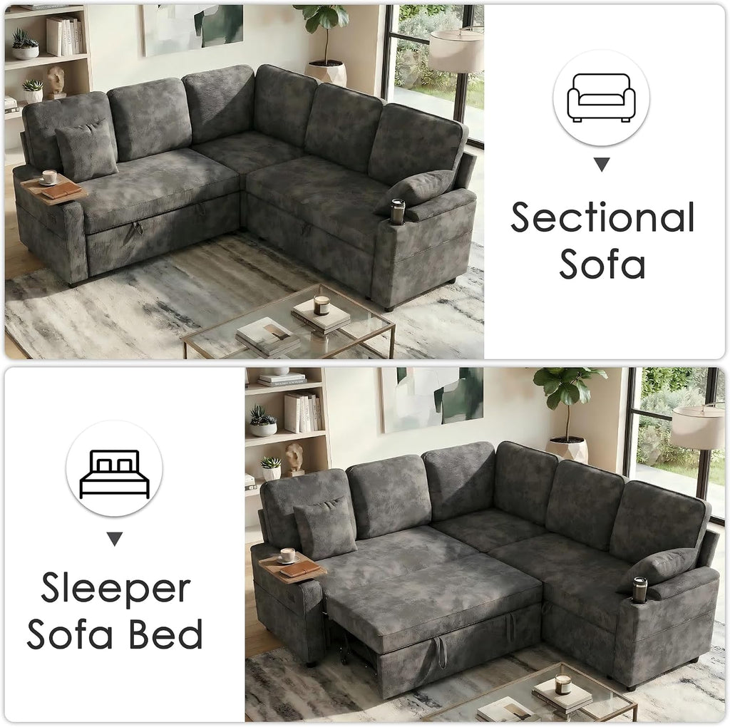 81' Modular Sectional Sofa, L Shaped 5-Seater Sleeper Sofa with Pull Out Bed, Hidden Storage, Cup Holders & USB Charging Ports, Sectional Couches for Living Room, Chenille, Grey