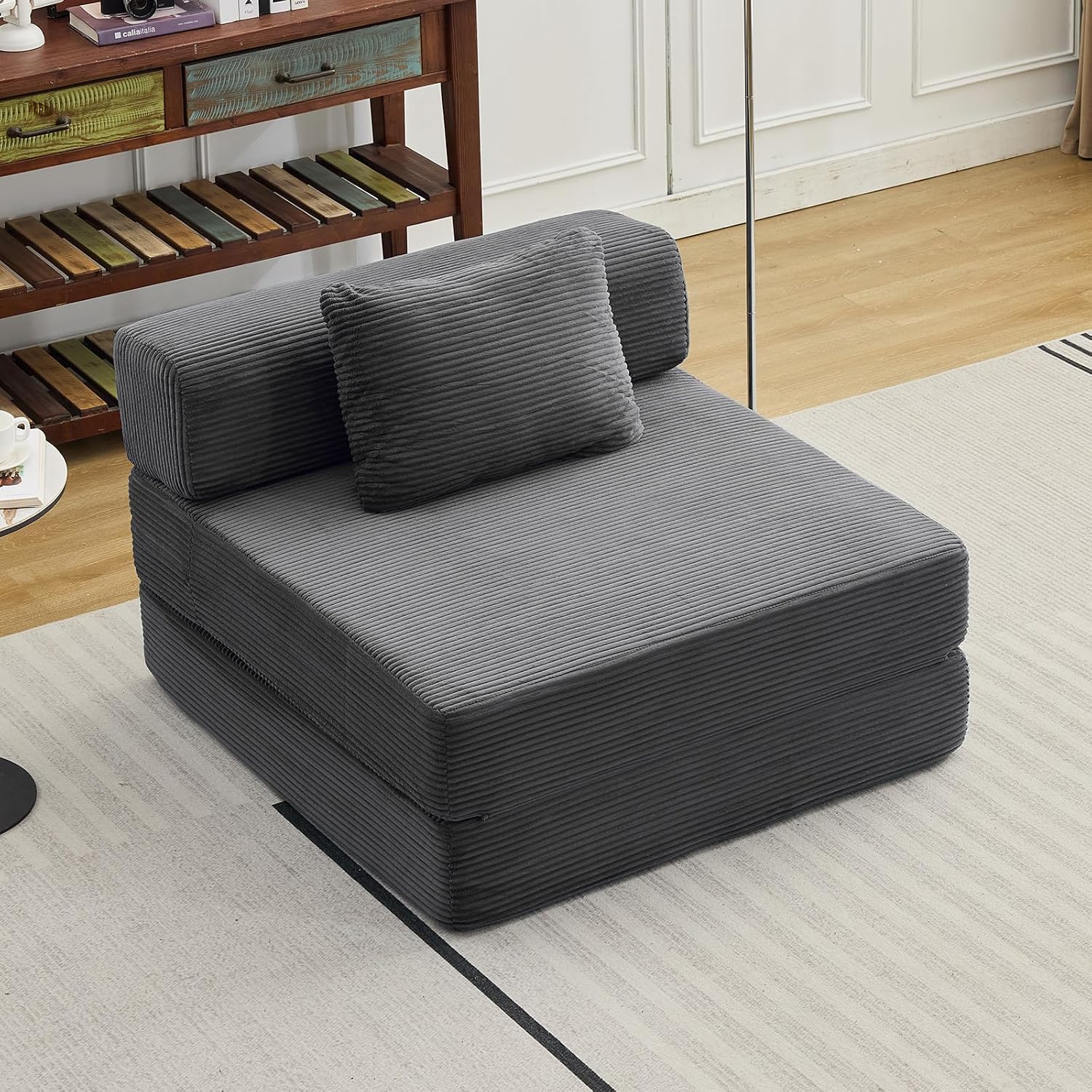 Folding Sofa Bed, Convertible Sleeper Chair with Pillow, Single Sofa with Back Support, Portable Fold Out Chair Cloud Couch Bed, Comfy Floor Sofa Lounge for Living Room Bedroom, Dark Grey