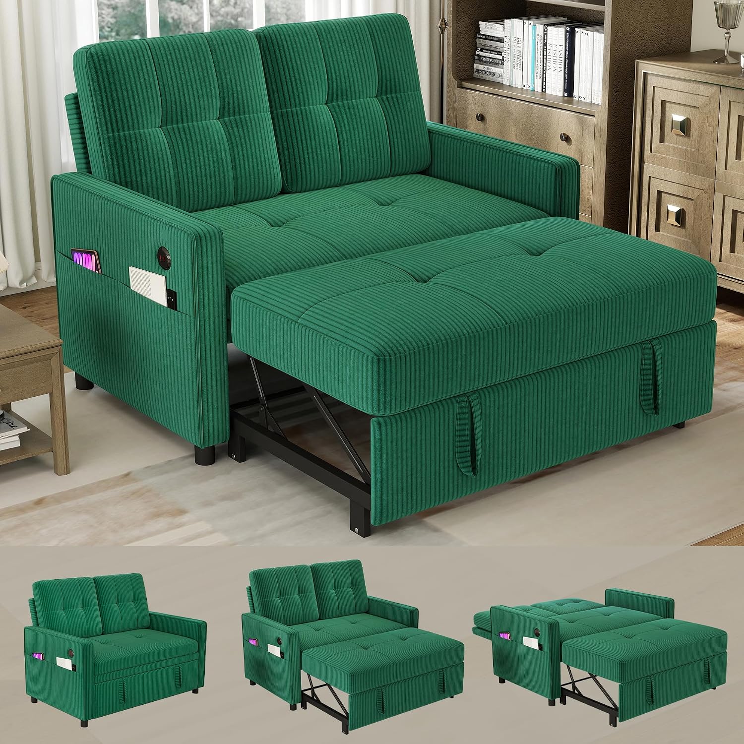 3 in 1 Convertible Sleeper Sofa Bed, Pull Out Couch with Charging Station, Corduroy Small Loveseat Sleeper Sofa with Adjustable Backrest for Apartment, Bedroom, Small Space（Green）