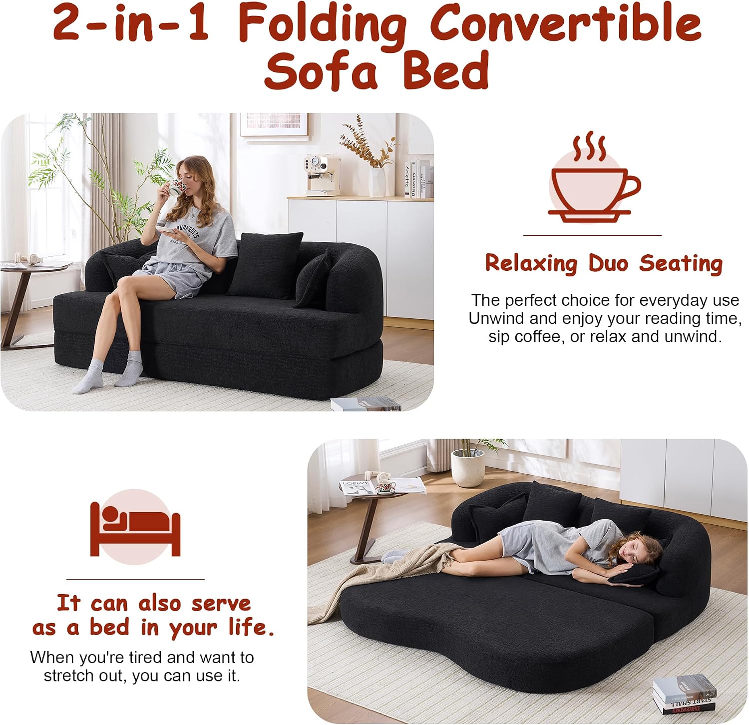 70' Convertible Sofa Bed, 2-in-1 Boneless Sleeper Sofa, Soft Chenille Folding Sofa Loveseat with 4 Pillows, Love Seat Small Couch for Small Spaces, Living Room, Bedroom, No Assembly