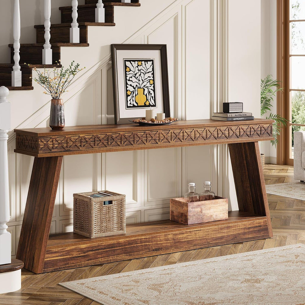 Tribesigns 70.9 Inch Long Console Table for Entryway, 2-Tier Farmhouse Entryway Table with Storage, Narrow Sofa Table Behind the Couch, Wood Accent Table for Hallway, Living Room, Foyer, Dark Brown