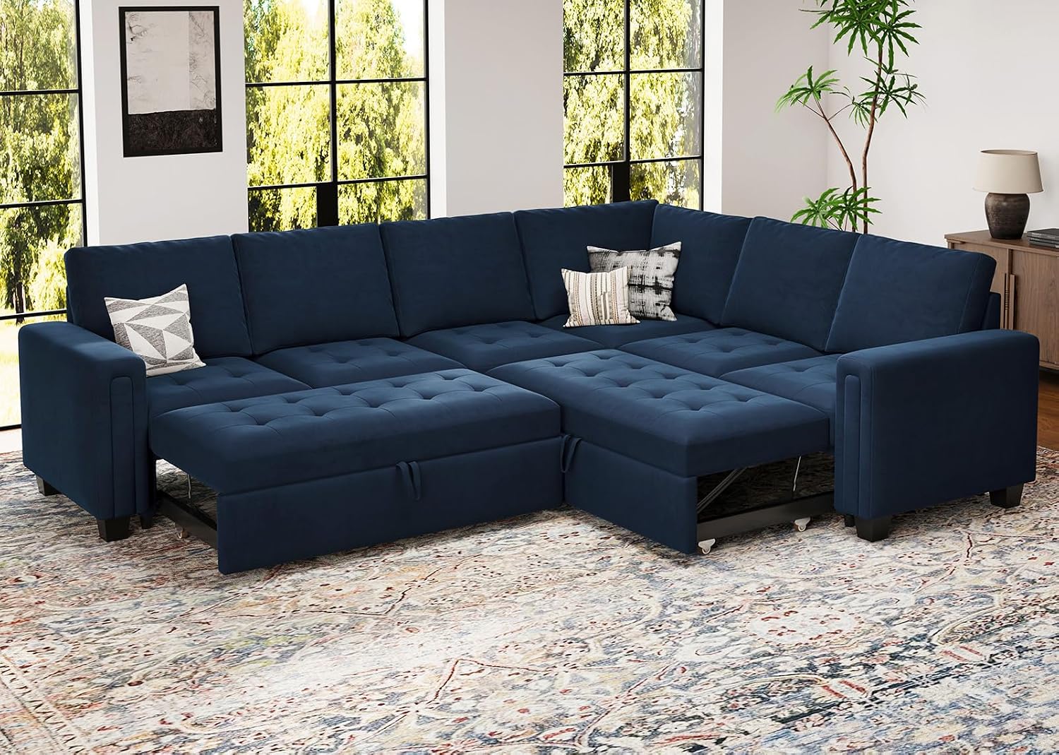 Belffin Oversized Modular Sectional Sleeper Sofa with Pull Out Couch Bed Velvet Convertible L Shaped Couch Sleeper Sofa Bed Modular Sectional Couches for Living Room Blue