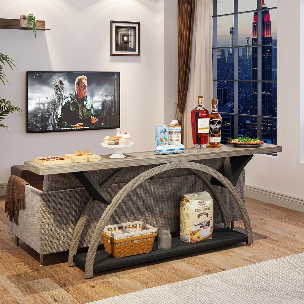 Tribesigns 70.87' Console Table with Storage Shelf, Narrow Long Sofa Table Behind Couch Table, 2-Tier Rustic Entryway Table with Half Moon Frame for Hallway Living Room, Gray & Black (Gray & Black)