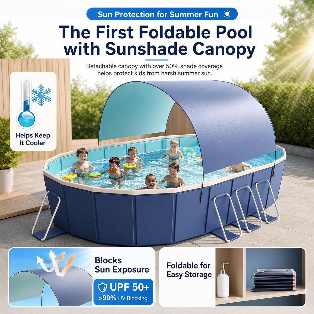 118' Non-Inflatable Foldable Swimming Pool for Family, Portable Above Ground Pool for Adults & Kids, Easy Setup for Outdoor, Backyard, Garden, Camping - Durable PVC(118'x87'x20', NEW)