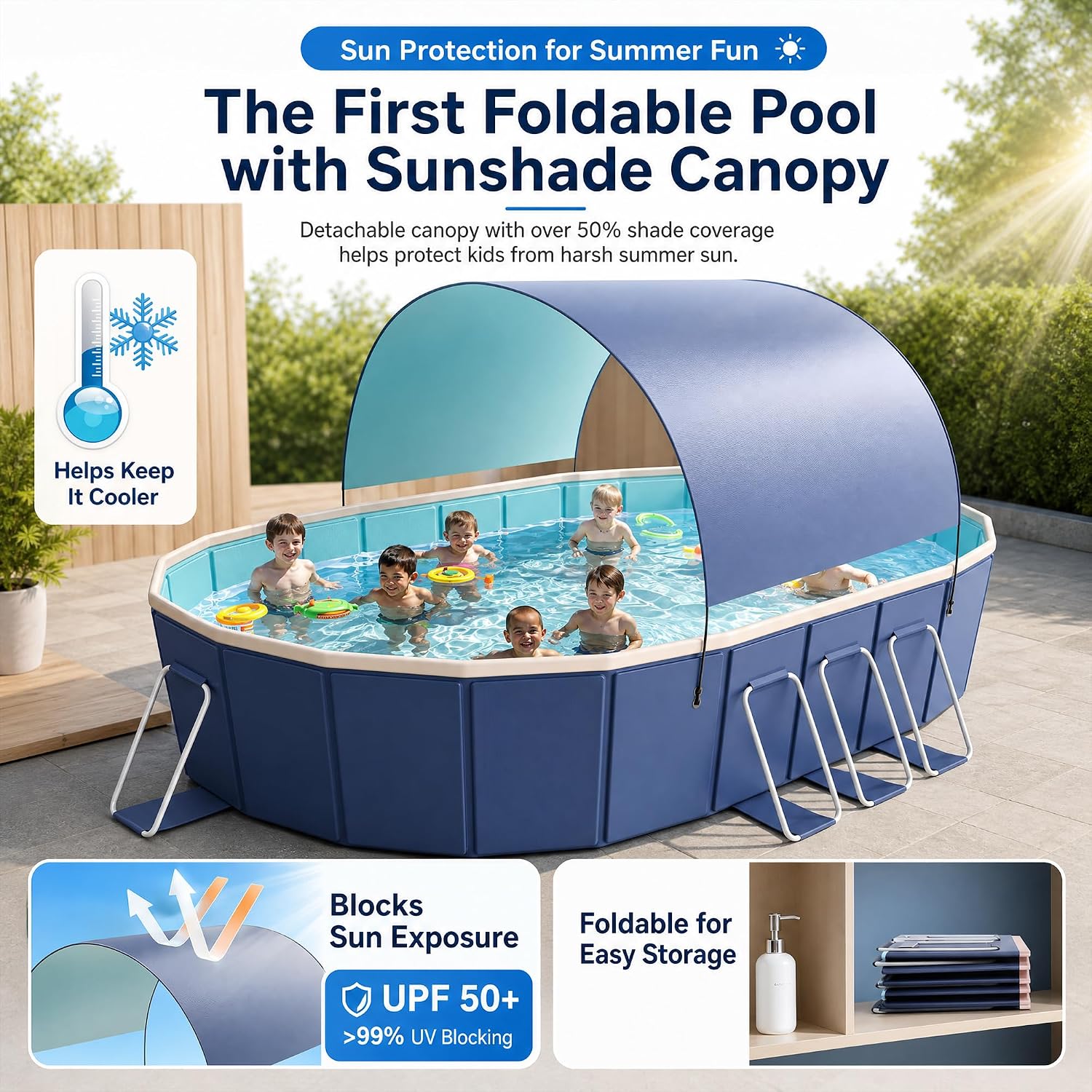 118' Non-Inflatable Foldable Swimming Pool for Family, Portable Above Ground Pool for Adults & Kids, Easy Setup for Outdoor, Backyard, Garden, Camping - Durable PVC(118'x87'x20', NEW)