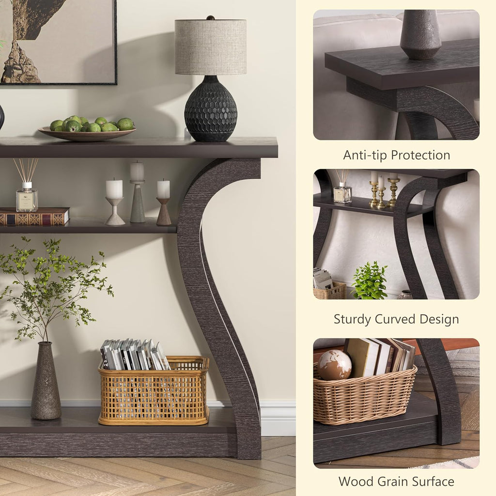 47' Wood Console Table for Entryway, Narrow Sofa Table with 3-Tier Shelves, Curved Legs Farmhouse Hallway Table, Skinny Console Table Behind Couch, Rustic Wooden Entry Table for Living Room (Brown)