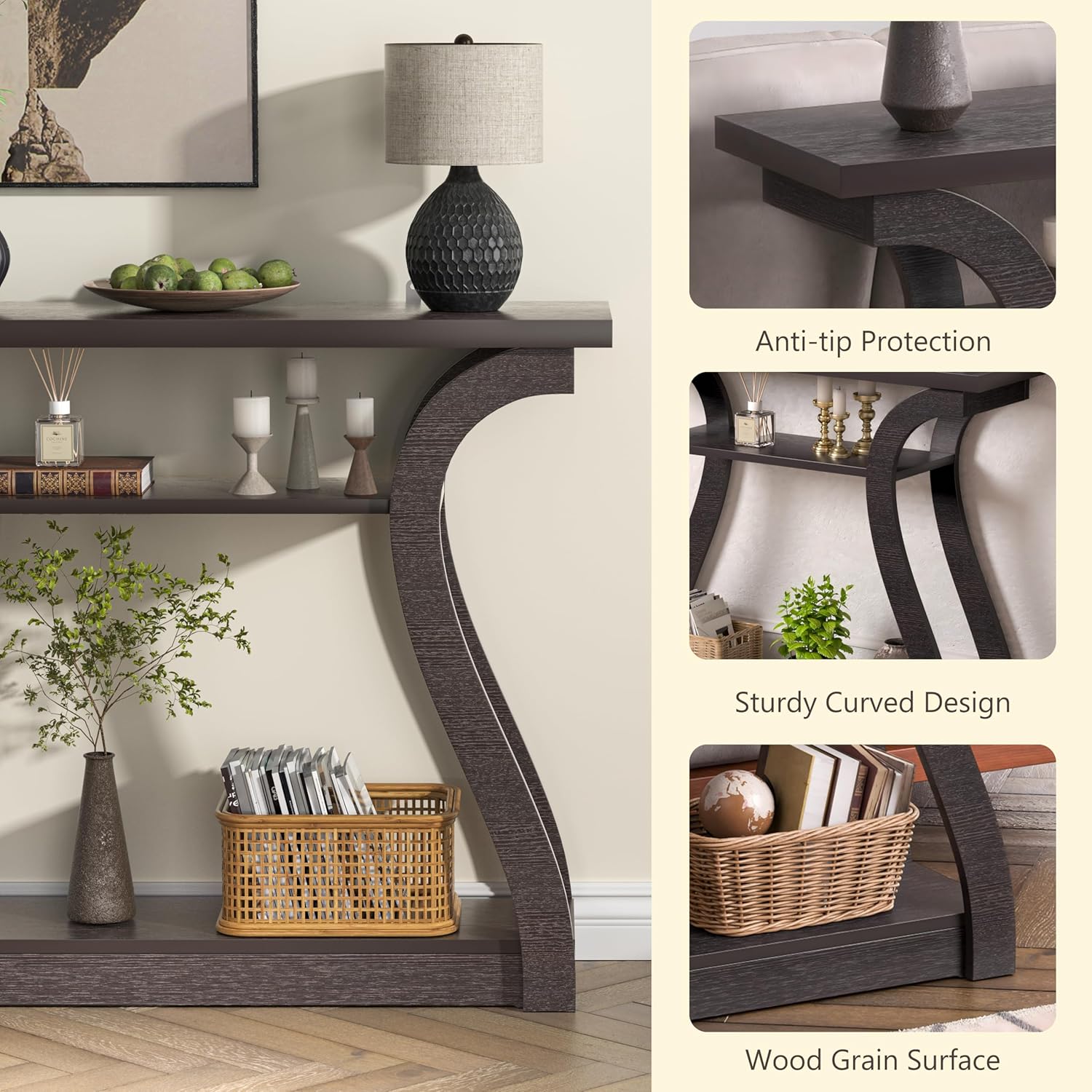 47' Wood Console Table for Entryway, Narrow Sofa Table with 3-Tier Shelves, Curved Legs Farmhouse Hallway Table, Skinny Console Table Behind Couch, Rustic Wooden Entry Table for Living Room (Brown)