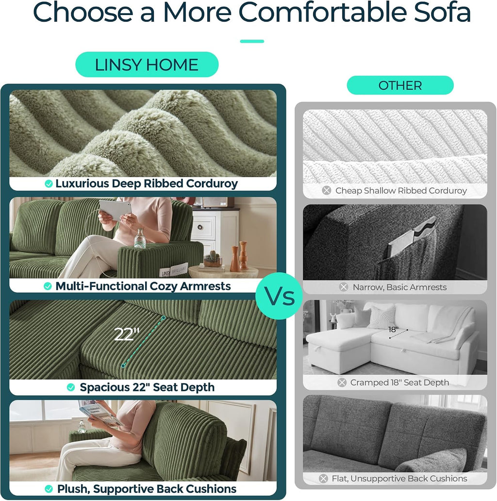 LINSY HOME Loveseat Sofa Couch with USB Charging & Cup Holders, Convertible Pull Out Couch Chaise 2 Seater Sofa, Comfy Plush Corduroy Love Seat for Small Spaces Living Room Apartment (Green)