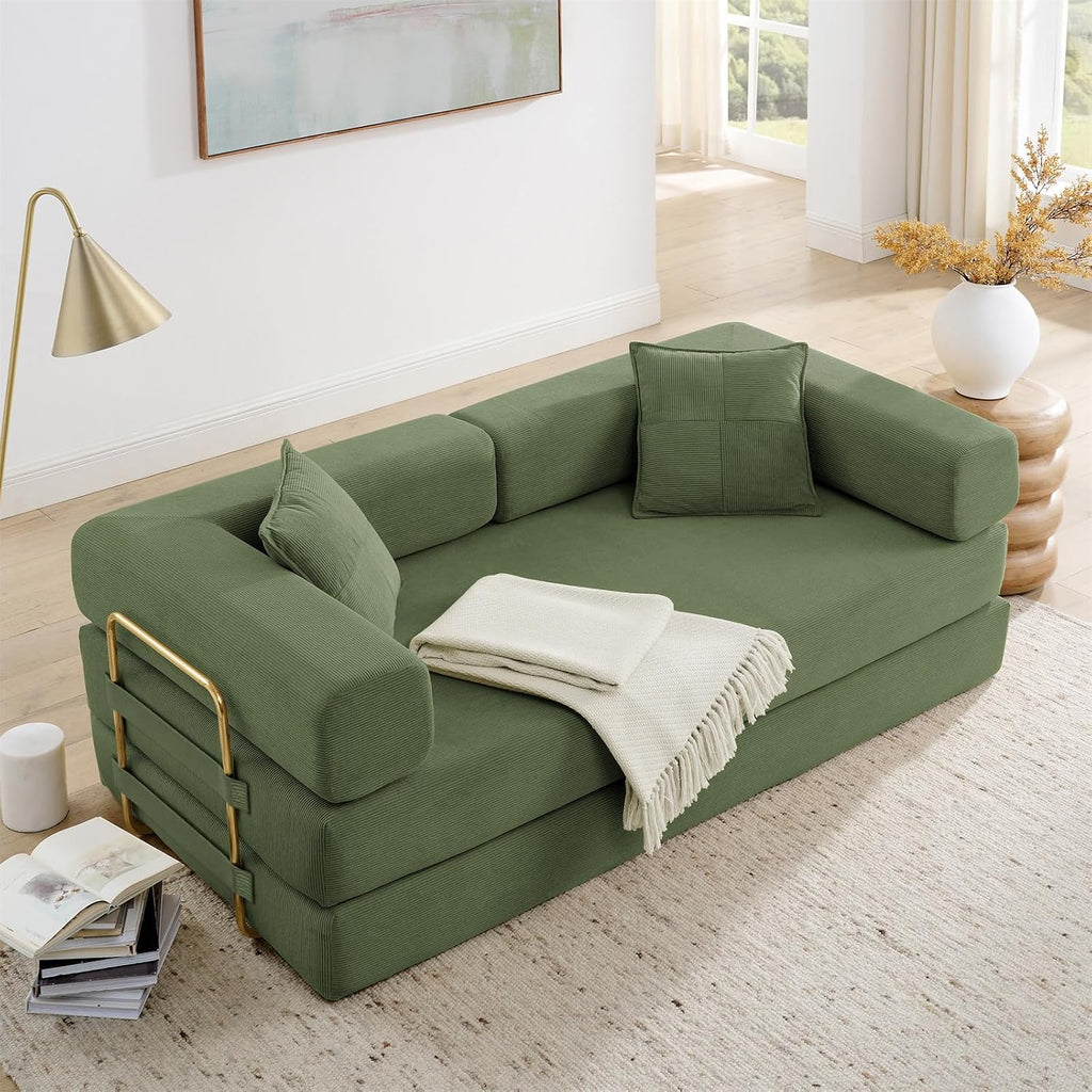 Modular Couch Bed, Convertible Folding Plush Corduroy Comfy Floor Memory Foam Compression Loveseat Sleeper Sofa Couch, King Size Bed for Guest Room Living Room Bedroom, No Assembly, Olive Green