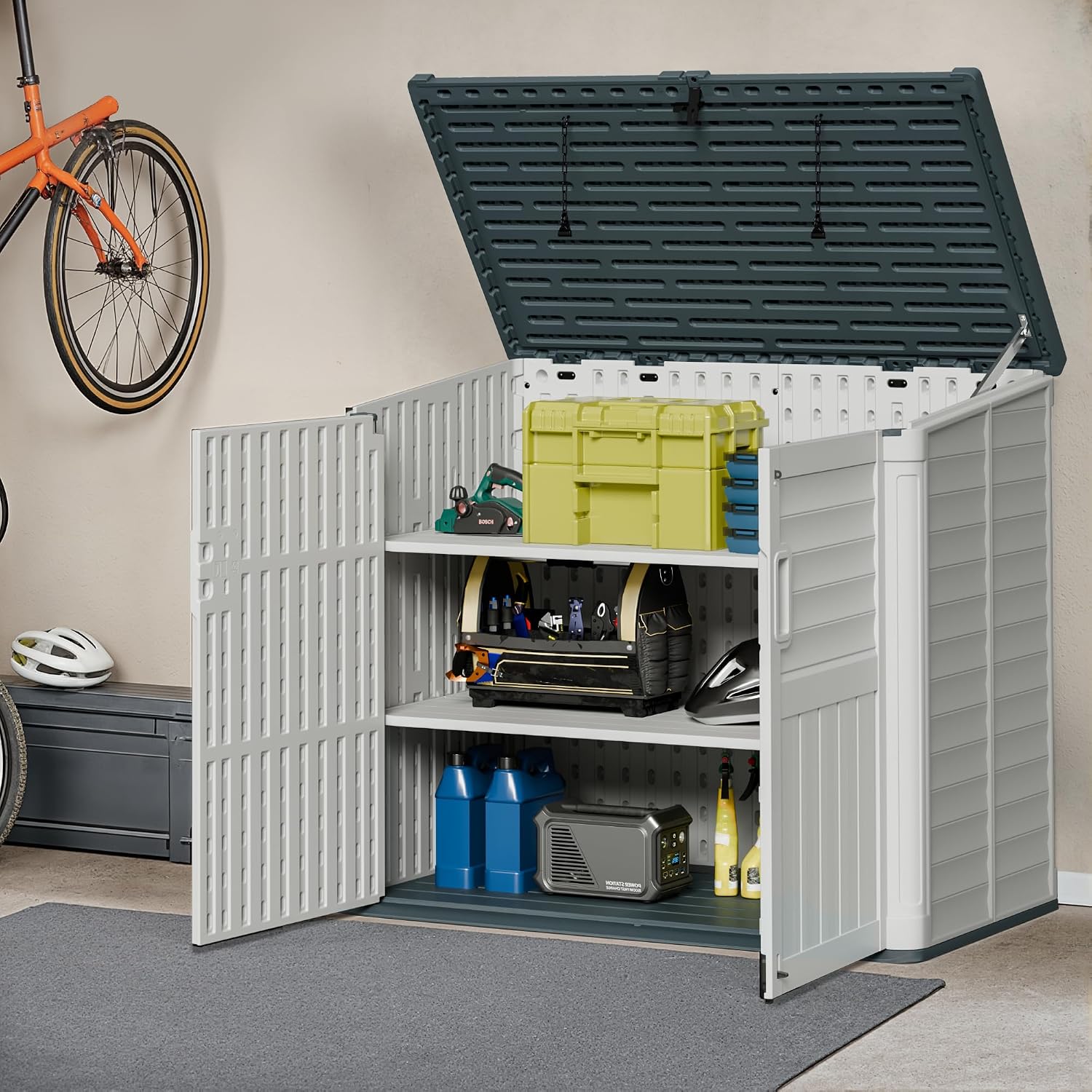 JUMMICO Resin Outdoor Storage Shed, 34 Cu Ft Horizontal Storage Cabinet with Shelves for Trash Cans, Garden Tools, Pool Supplies (Beige)