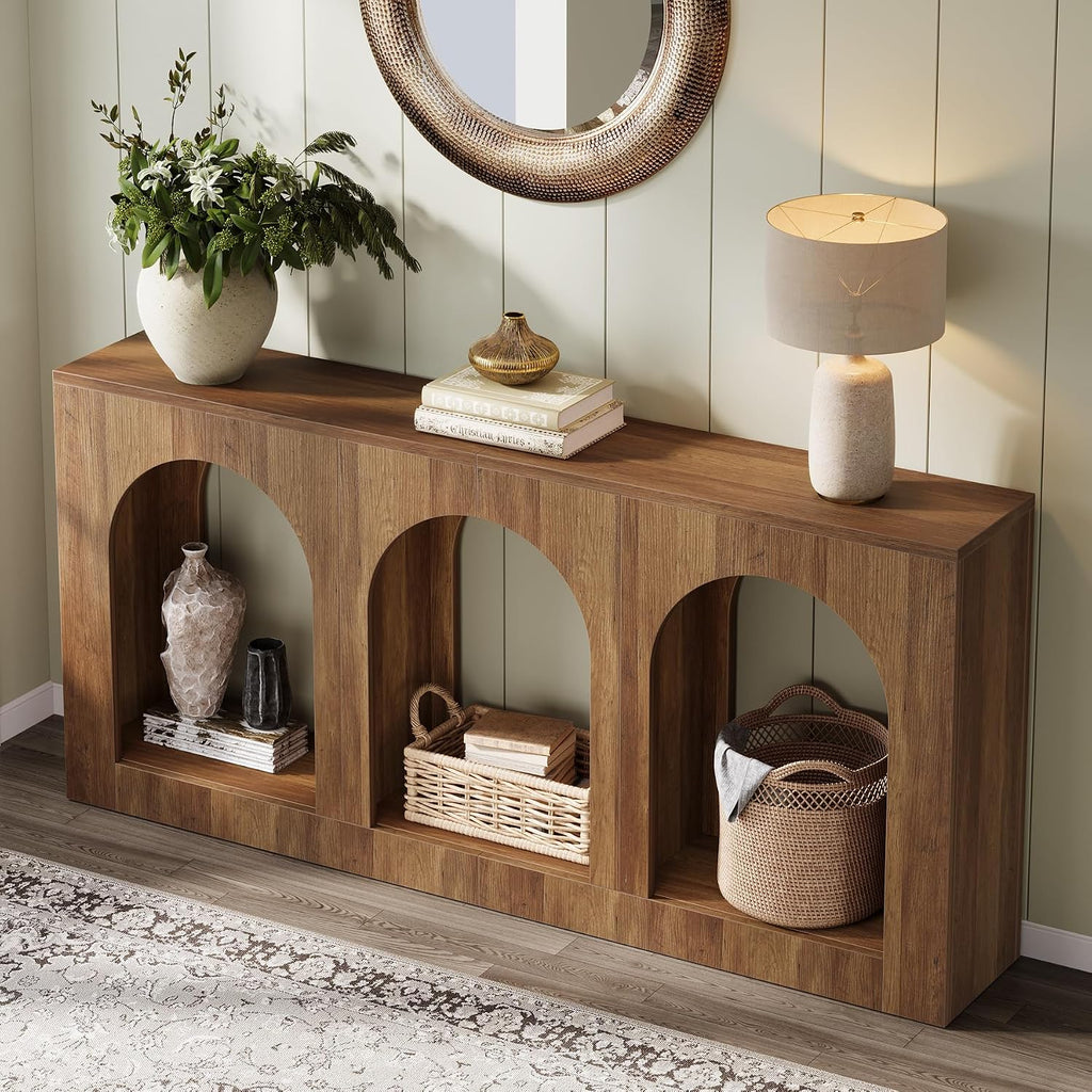 Tribesigns 70.9' Console Table with Storage, Wood Entryway Entry Table with 3 Arched Shelves for Foyer, Hallway, Living Room, Behind Couch Sofa, Narrow Long, Brown