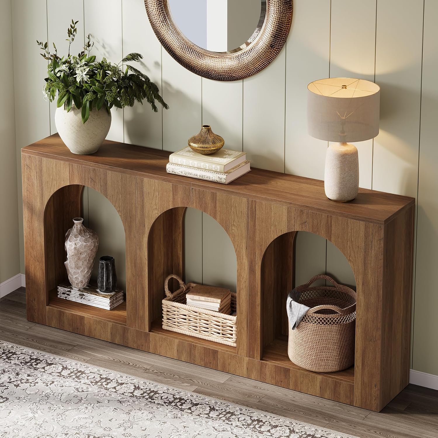 Tribesigns 70.9' Console Table with Storage, Wood Entryway Entry Table with 3 Arched Shelves for Foyer, Hallway, Living Room, Behind Couch Sofa, Narrow Long, Brown